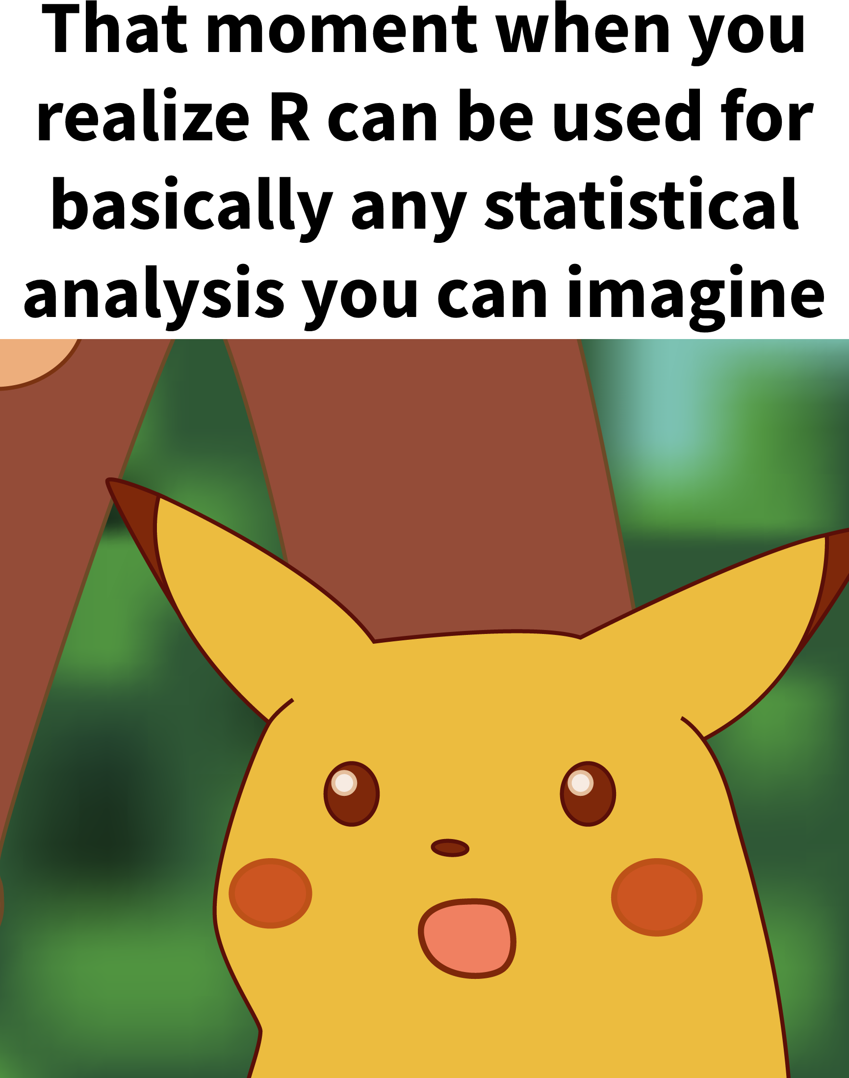 That moment when you realize R can be used for basically any statistical analysis you can imagine, shocked pikachu meme