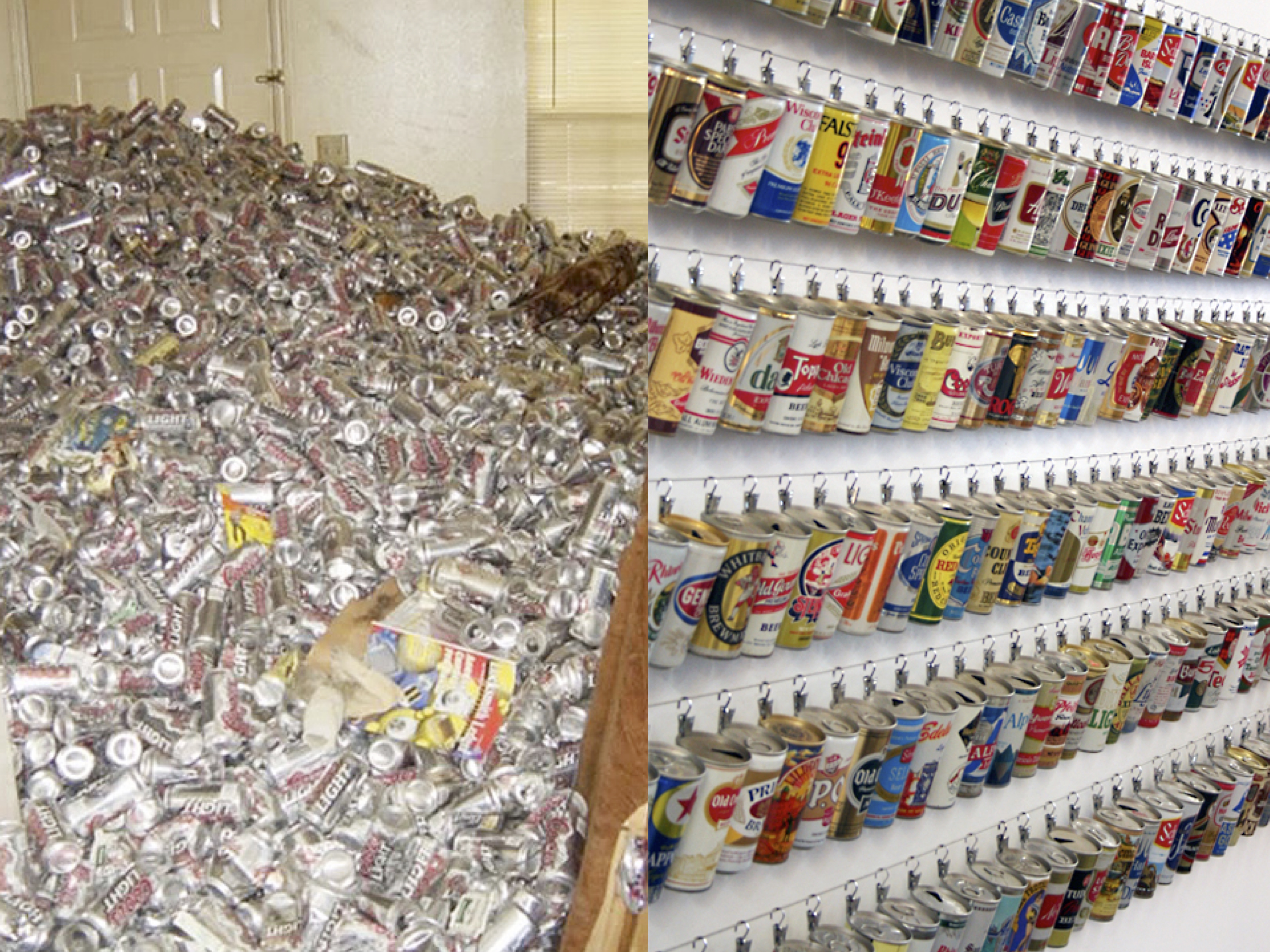 two pictures: one of a room full of cans, and one with cans
neatly hanging on the wall
