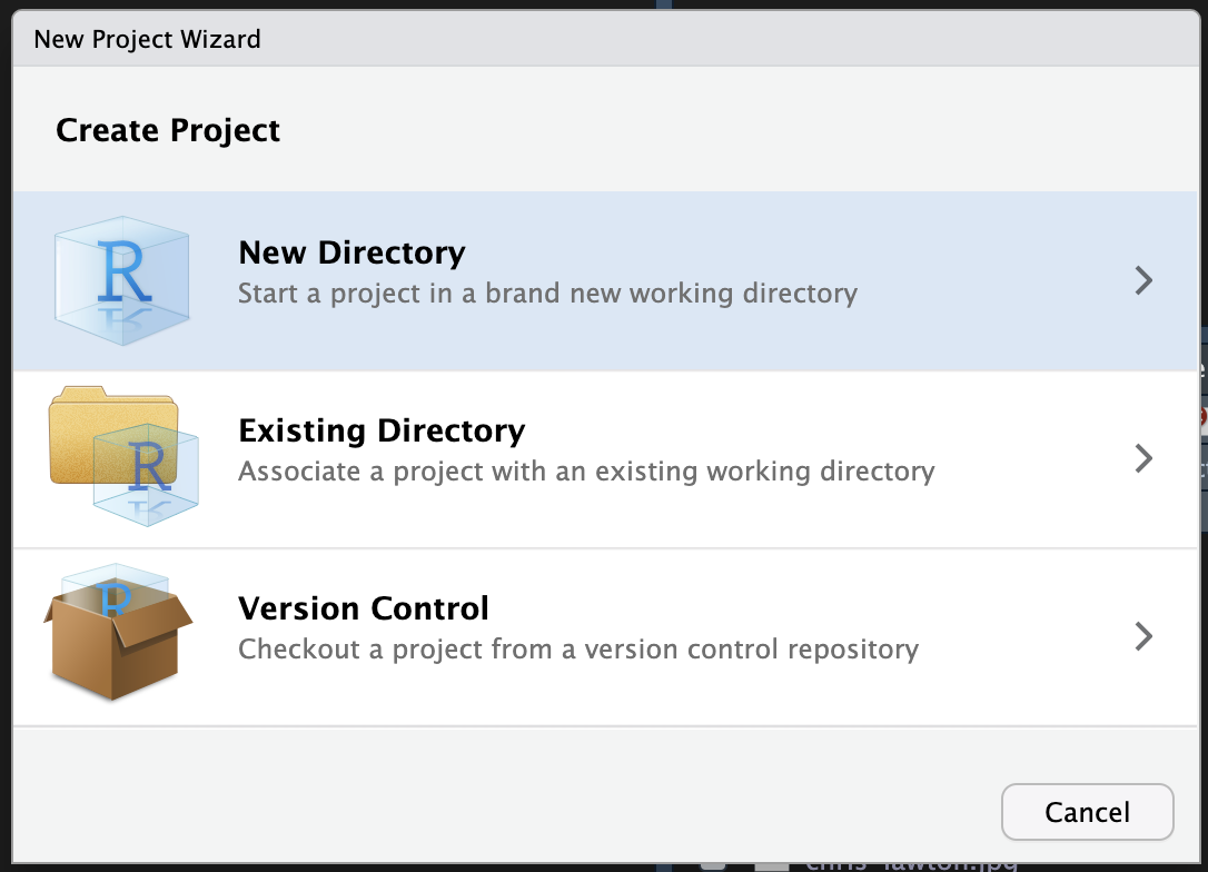 Create Project: 
In a new directory? In an existing directory? 
Checkout a version controlled repository?