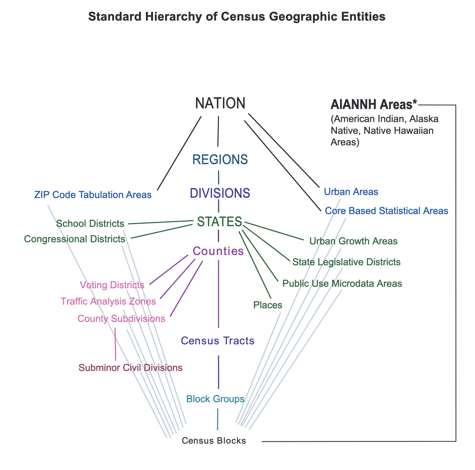 the geographic hierarchy of the Census: along the main spine
are census blocks, block groups, census tracts, counties, states, divisions, regions, and the nation; 
off of the main spine there are other things like subminor civil divisions, statistical areas, zip codes, school districts, american indian alaska native areas, etc. 