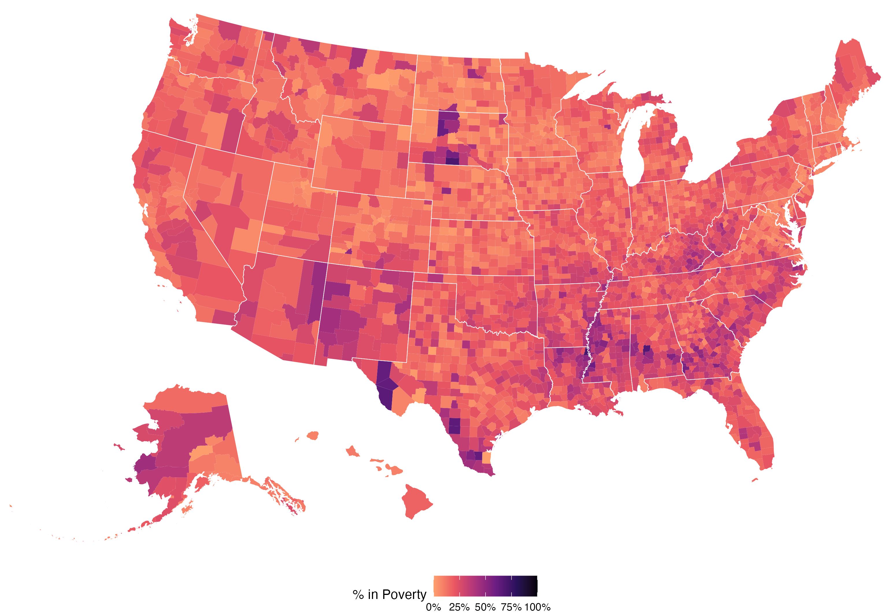 a map of poverty rates by US county