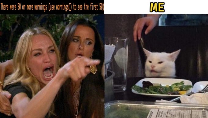 a meme of a woman yelling and pointing aggressively captioned 'There were 50 or more warnings(use warnings() to see the first 50)'. on the right is a cat in front of a salad looking confused captioned 'me'