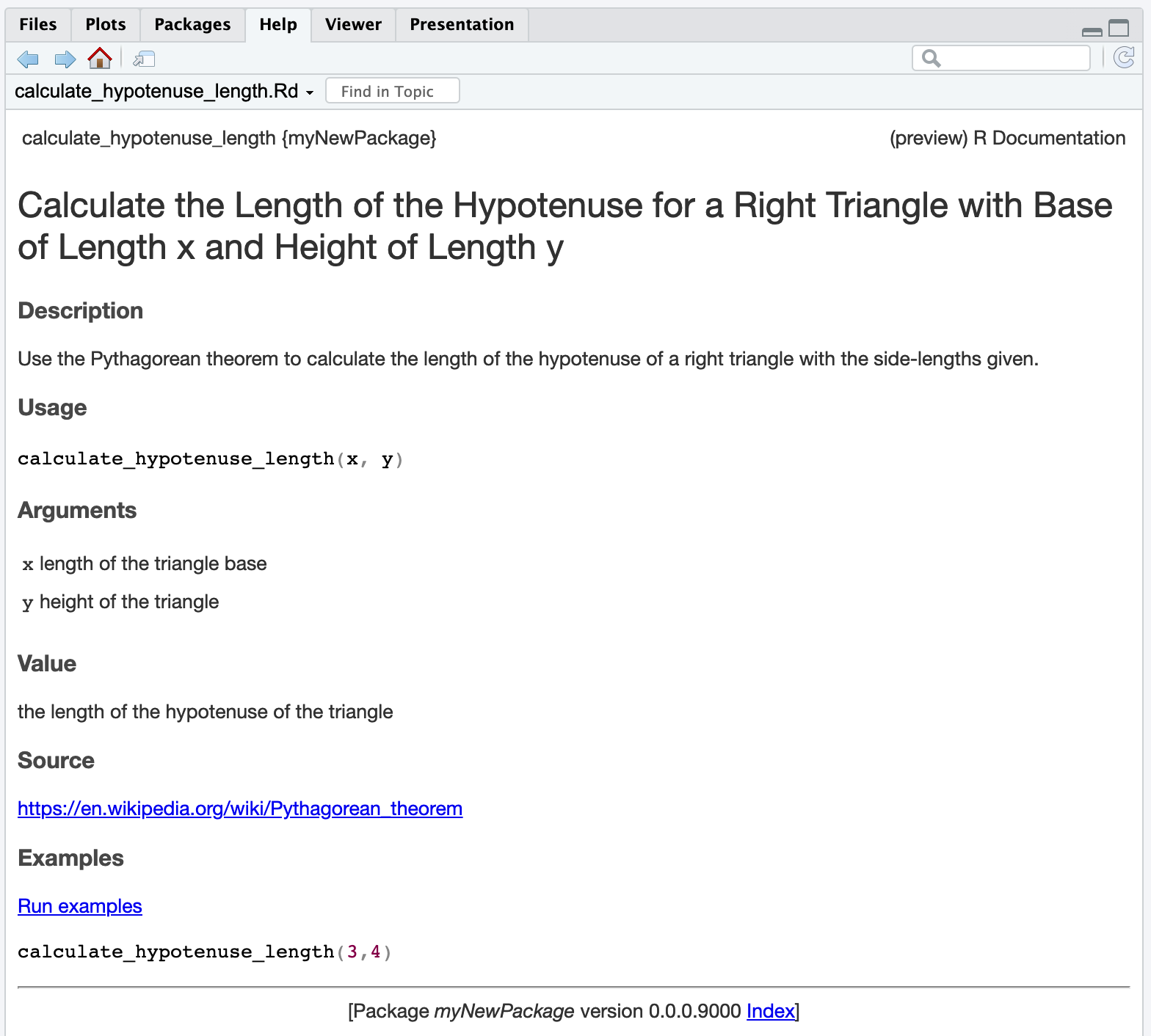 output of ?calculate_hypotenuse_length showing the docs written next to the code nicely formatted