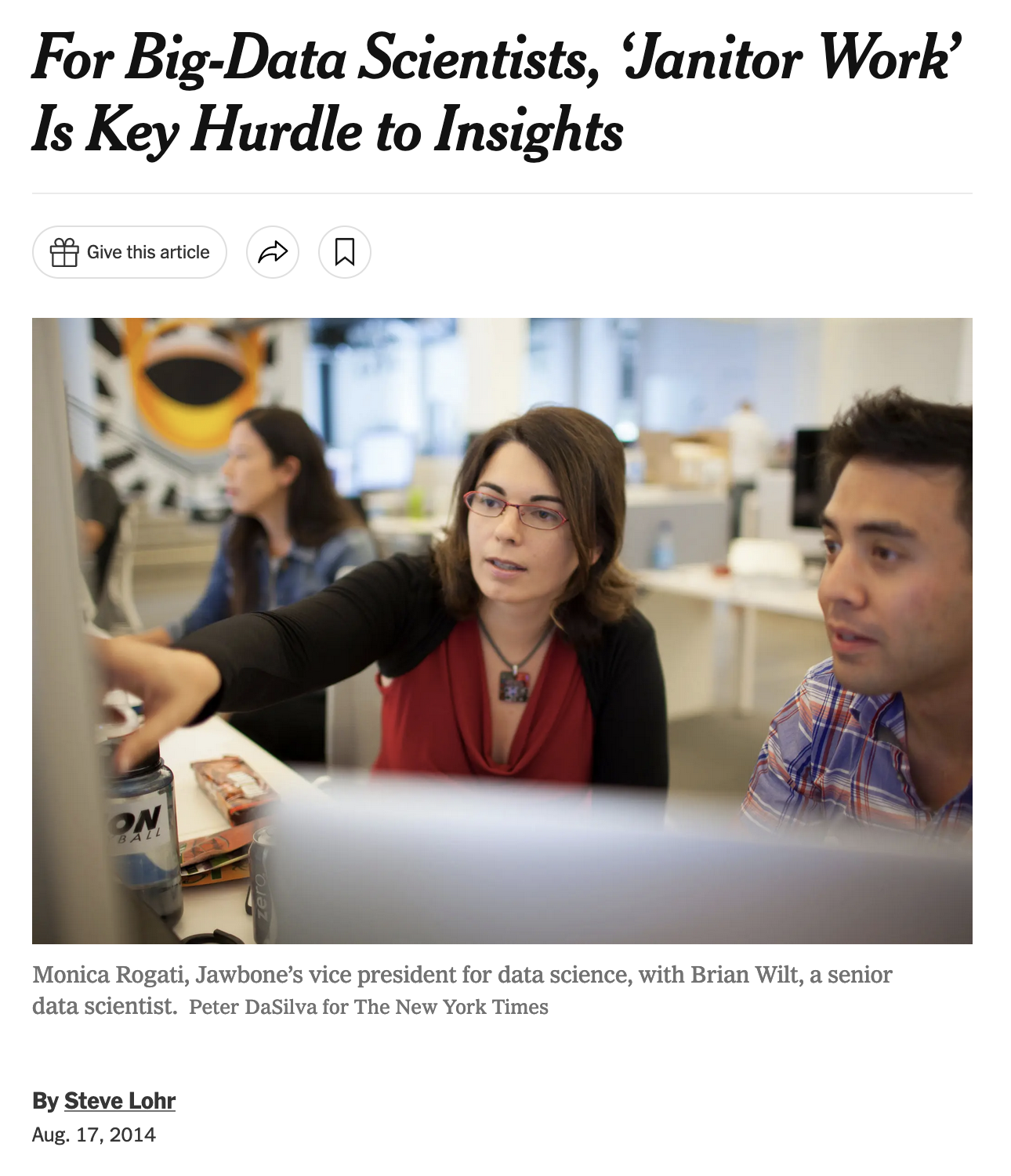 an nytimes article headline talking about janitor work in data science
