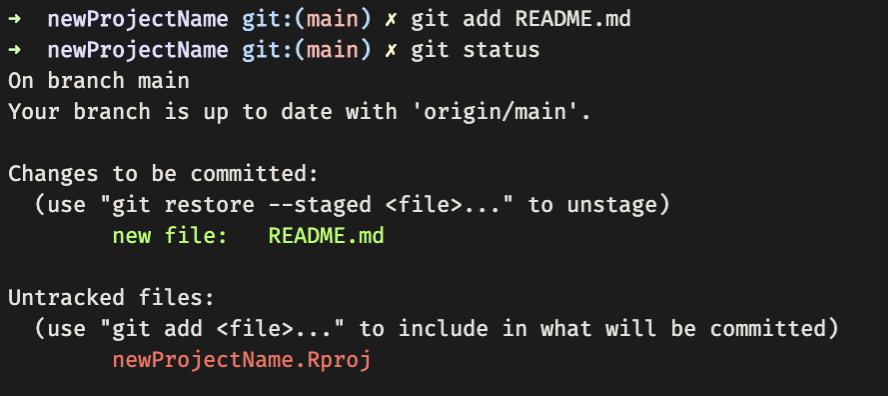 example of how to use the commandline to add readme.md to the staging area