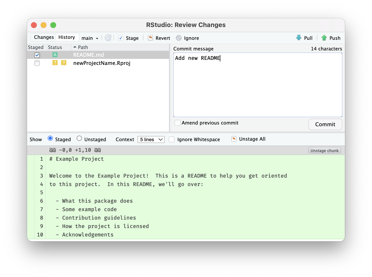 a screenshot of using the git panel in rstudio to commit
