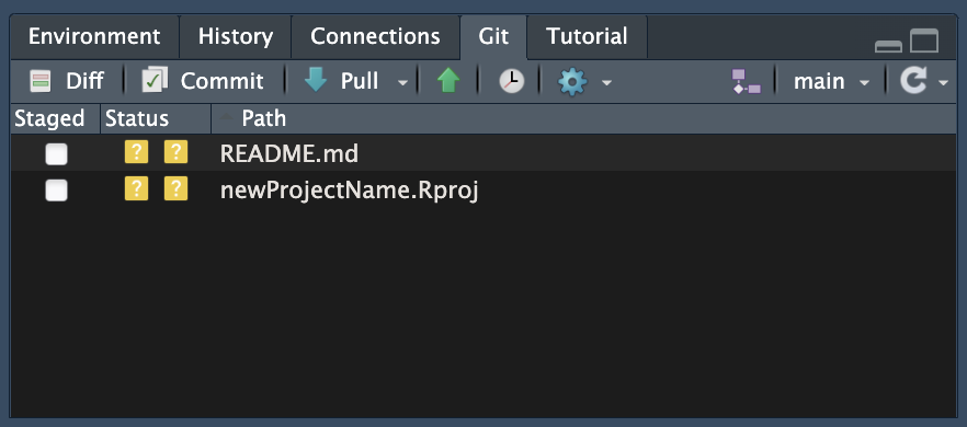 example git panel showing the new readme.md and .rproj file