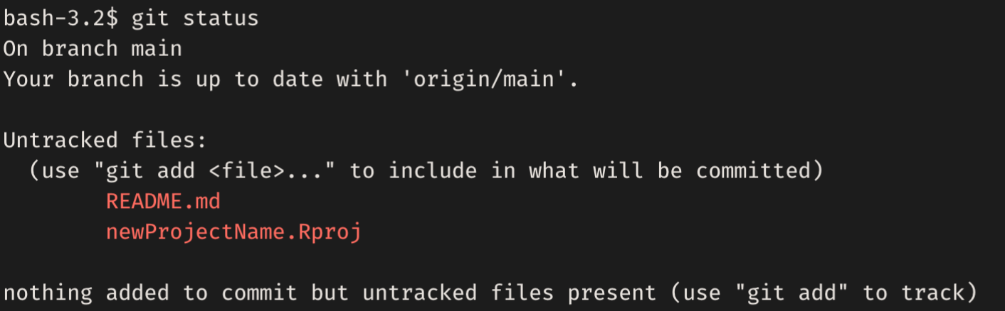 example output of git status showing the new readme.md and .rproj file