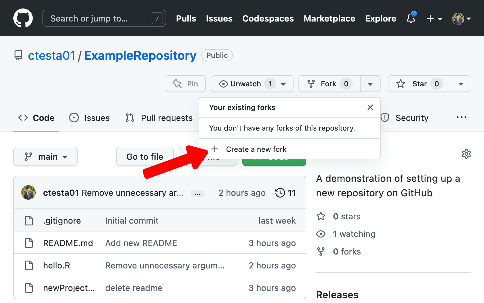 A screenshot with an arrow indicating the fork button on GitHub for the example repository
