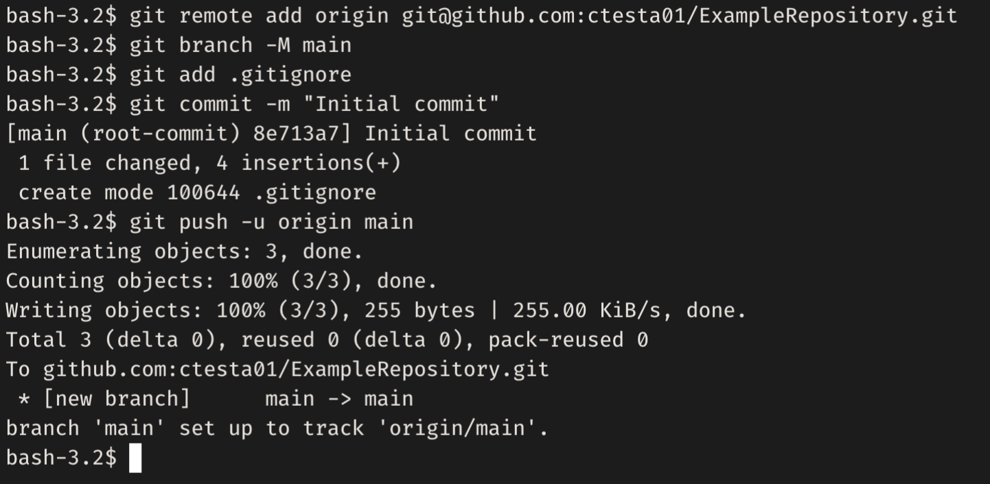 the output from running the above code;  it shows the commit being pushed to github