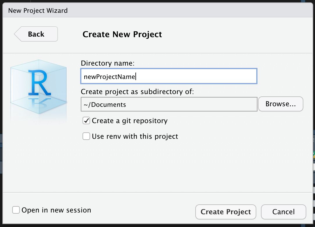 new project wizard window in rstudio shows how you can specify the directory name, create the project as a subdirectory in a folder, and a checkbox for create a git repository