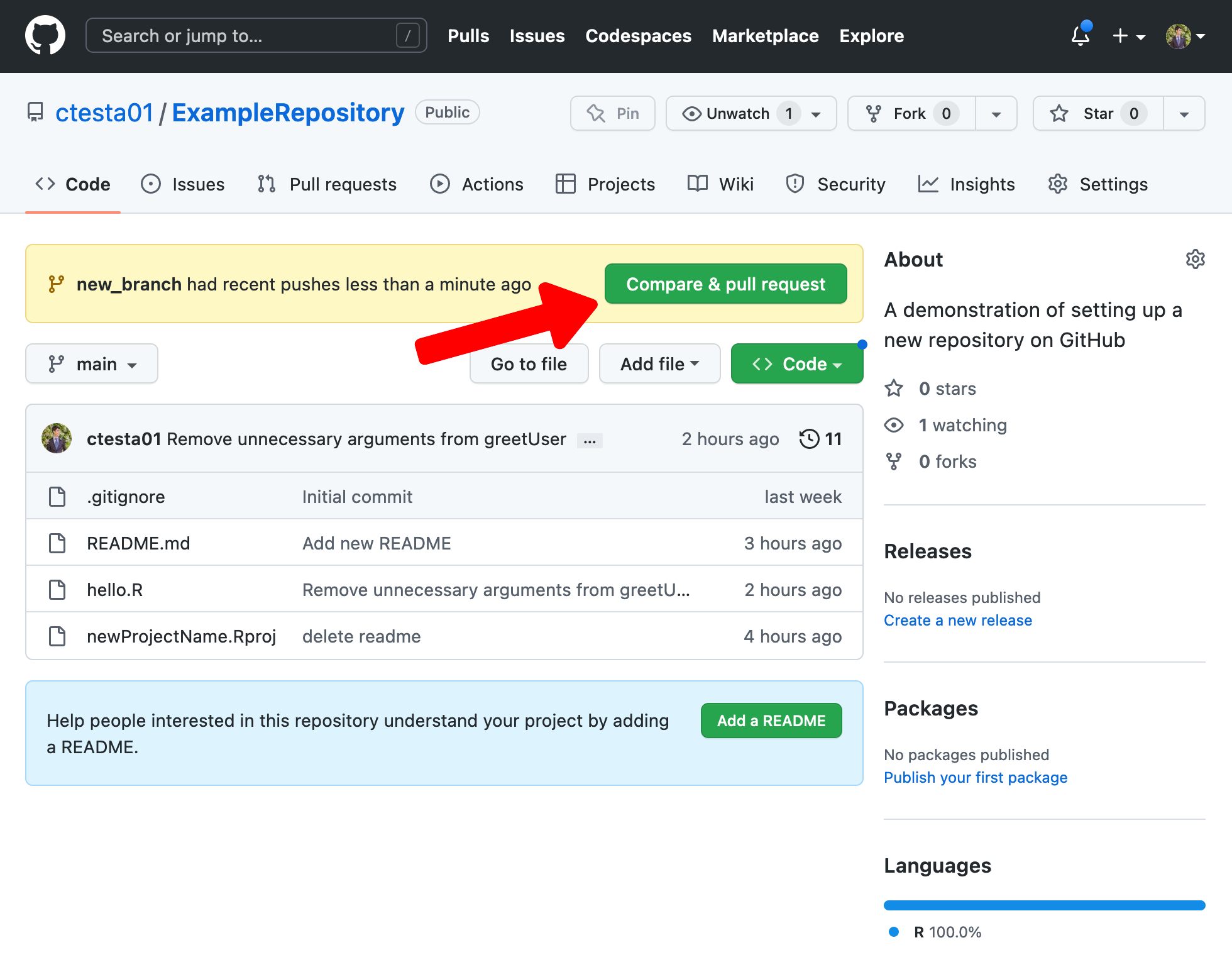 the Compare and Create Pull Request button that appears on GitHub