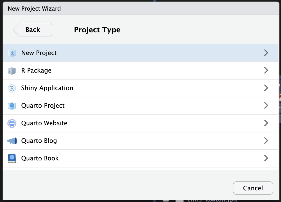 what kind of project will it be? an
R project? an R Package? a Shiny application? a Quarto project? a Quarto website? etc.