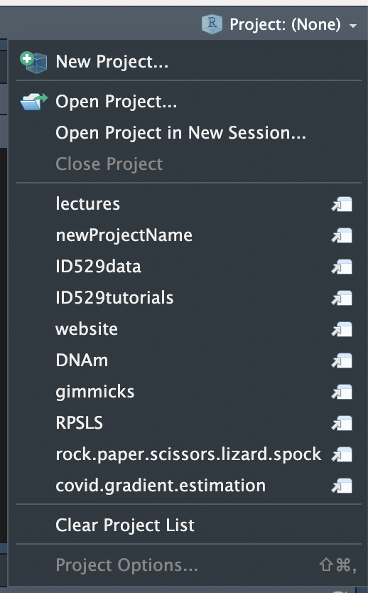 open the project from RStudio dropdown