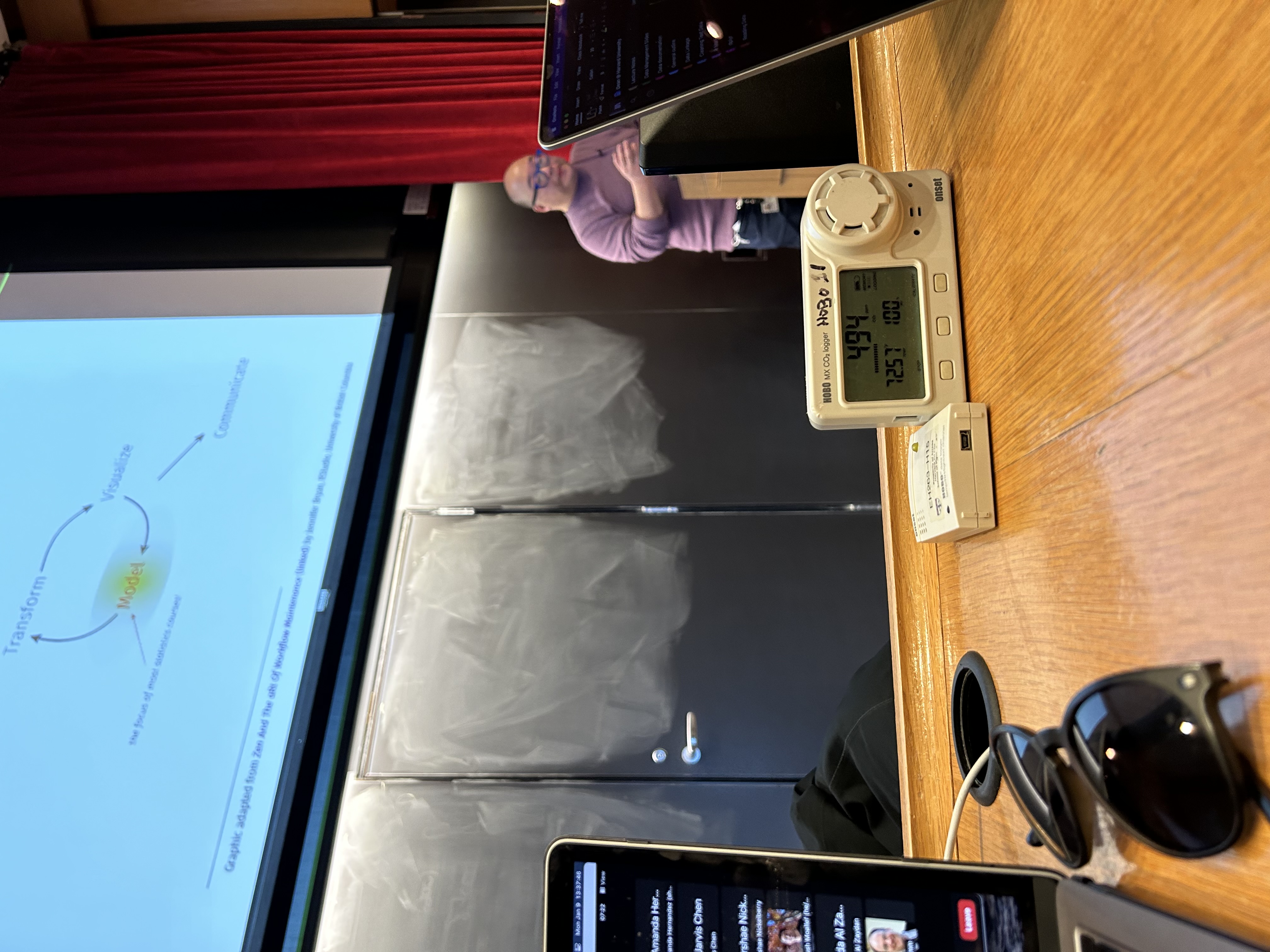 A picture of a HOBO CO2 logger set up in G2 while Jarvis makes some really great points at the podium